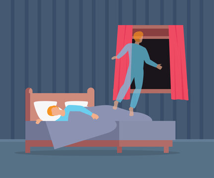Sleepwalking man floating out of bed toward an open window at night 2d flat vector illustration