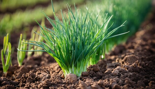 lush green chives growing in well tended farm soil ready for culinary use