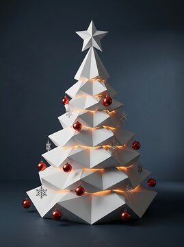 Modern geometric white christmas tree with red ornaments and warm lights