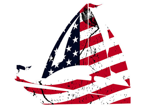 Sailboat silhouette with distressed American flag pattern patriotic