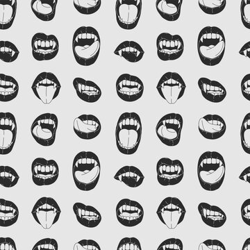Halloween linear seamless pattern with vampire open mouth, fangs and tongue. Female black lips with long pointed canine teeth. Vintage background for holiday decoration, print, wrapping paper, banner