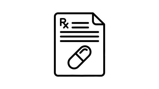 A concept representing prescription medication and associated medical paperwork featuring a pill illustration and an rx symbol in a minimalist black and white line