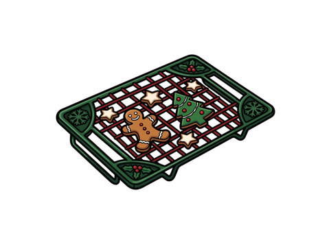 Christmas Cooling Rack Holding Gingerbread Star And Decorated Tree Cookies With Festive Holly Details