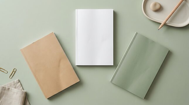 Three blank notebooks with pencil and paper clips on a soft green desk for minimalist branding mockups. 3 book mockup