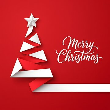 Origami paper christmas tree with star on red background