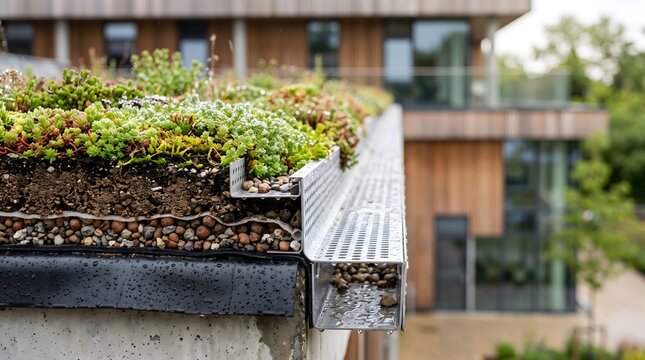 green roof drainage edge with layered vegetation and waterproof membrane for sustainable stormwater management and building water control
