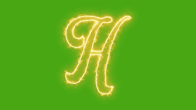 Golden glowing letter h animation with fire effect on green screen background, alphabet typography