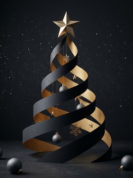 Abstract spiral christmas tree made of black and gold ribbon