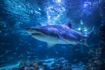 Fototapeta premium Large shark swimming in blue underwater aquarium with light rays
