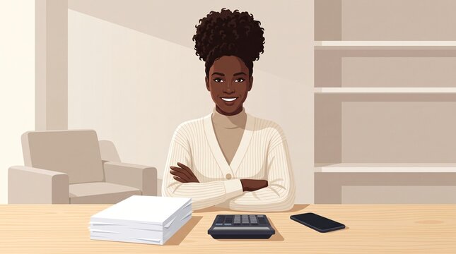 Confident African woman sitting with crossed arms at clean home office desk with accounting papers, successful wealth management and domestic financial stability modern vector illustration.