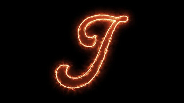 Glowing letter j with fiery plasma effect, animated burning alphabet character on black background fire