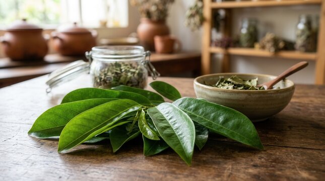 Fresh and dried soursop leaves (Guanabana) for herbal remedies and traditional medicine, displayed on a rustic wooden table.