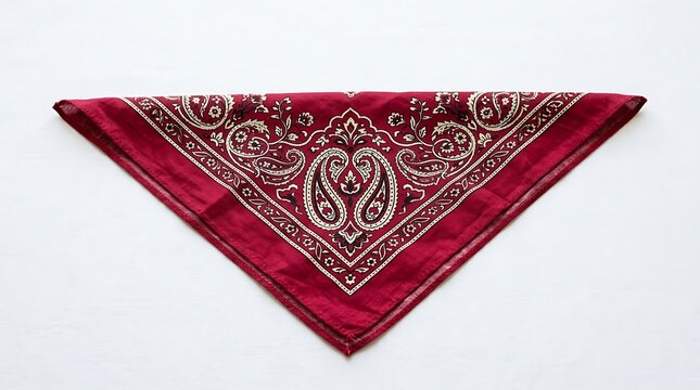 Red bandana with white paisley pattern folded neatly on white background