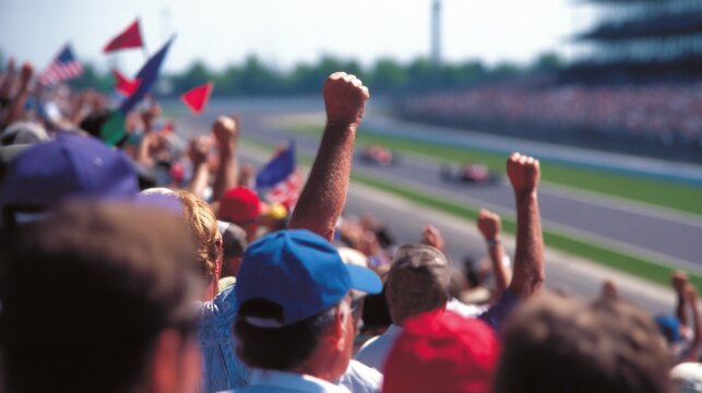 A crowd enthusiastically cheering at a racing event, hands raised in excitement, colorful flags visible