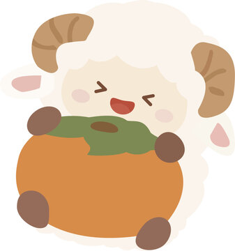 Cute Chinese New Year Sheep Mascot Hugging Big Persimmon