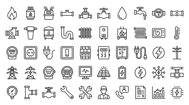 50 Modern Public Utility Linear Icons with Editable Strokes for Gas Water Heating Electricity Meters Pipes Energy Networks and Services