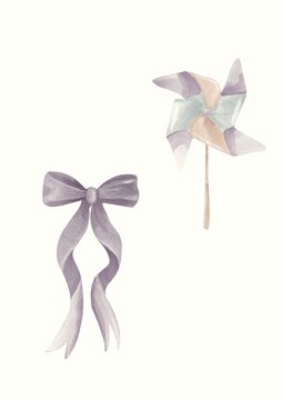 A hand-drawn scene shows a ribbon and a pinwheel. The ribbon hangs gracefully while the pinwheel stands upright. The colors reflect a Scandinavian and folk theme.