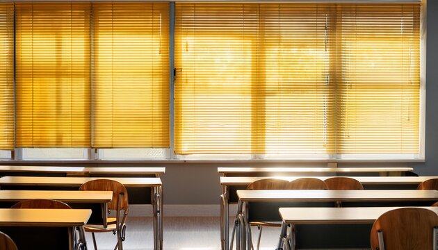a school classroom with desks and chairs and yellow window blinds