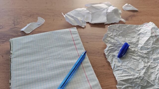 Open squared notebook with blank page and red margin line on wooden table; blue ballpoint pen resting on page; scattered crumpled paper sheets nearby