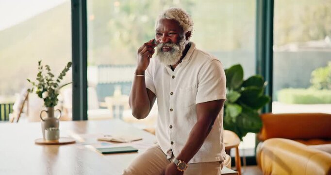 Contact, laugh and black man in house with phone call, connection and happy moment in remote chat. Digital, talking and mature person with tech, discussion and joke reaction in online communication.