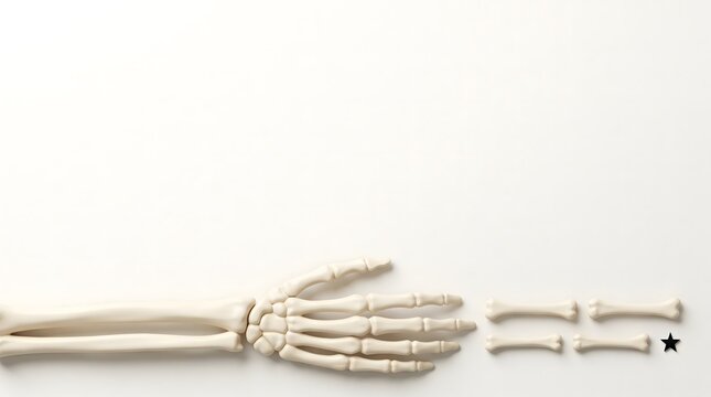 Human skeleton hand reaching forward against a plain white background