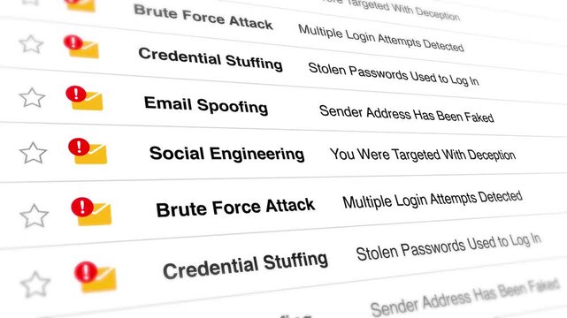 Cybersecurity warning notifications showing email spoofing social engineering and brute force attack alerts