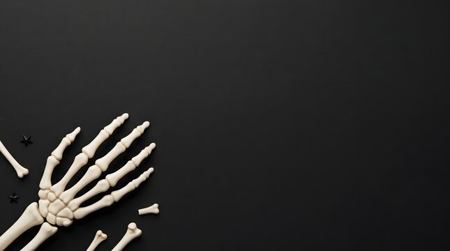 Human skeleton hand and bones on a dark textured background with copy space