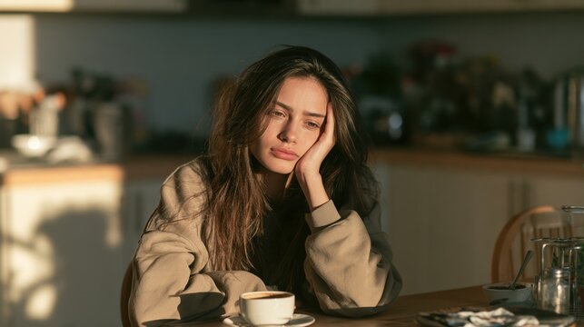 Iron deficiency signs. Young woman sitting at a kitchen table in the morning, feeling low energy and sleepy.