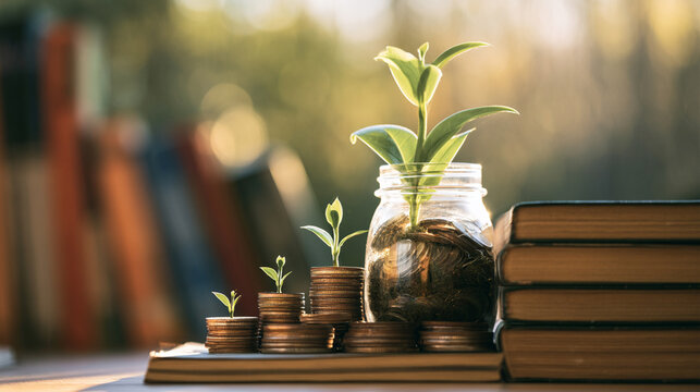 A thriving plant emerging from a jar filled with soil and stacked coins, symbolizing growth, investment, and the nurturing of personal finance alongside education.