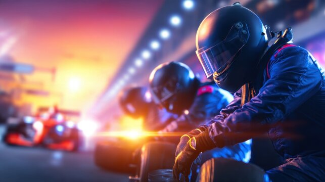 A dramatic sunset scene with race car drivers in blue suits, awaiting the start of a race