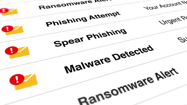 Digital screen showing phishing attempts malware detected and ransomware alert messages with warning icons