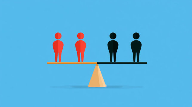 Illustration of a balance scale with red and black figures representing equality and disparity. A visual metaphor for social justice, weighing opinions and perspectives.