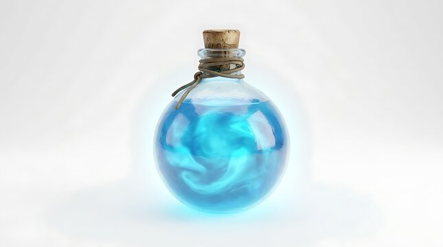 Glowing blue magic potion in round glass bottle with cork stopper
