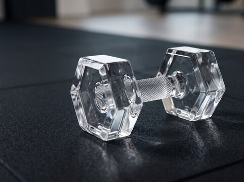 Clear crystal dumbbell resting on dark textured mat