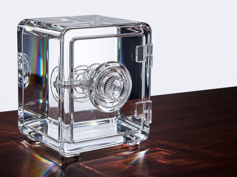 Clear glass cube safe with combination lock on wooden table