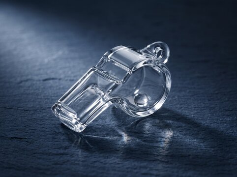 Transparent referee whistle on dark slate surface with dramatic lighting
