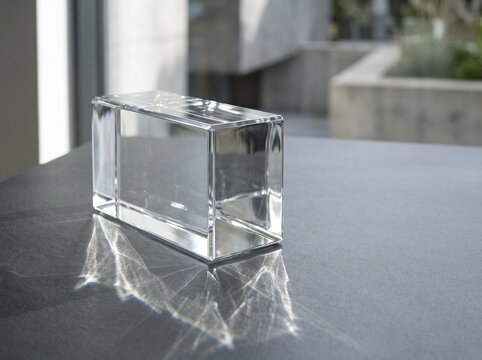 Clear rectangular glass block casting light refractions on dark surface