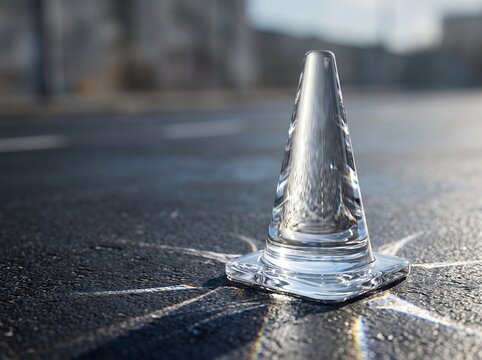 Small transparent plastic cone on wet asphalt road surface