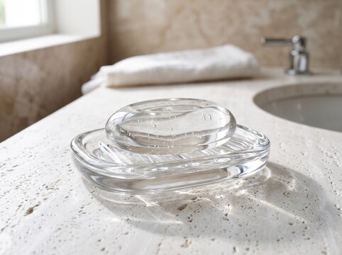 Clear glass soap dish on a stone bathroom countertop near sink
