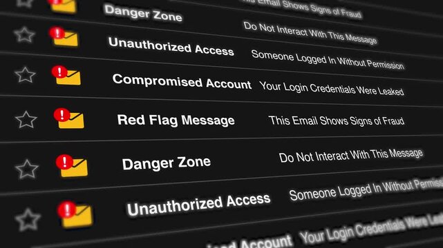 Digital inbox displaying fraudulent emails with compromised account warnings and security alerts on a dark interface