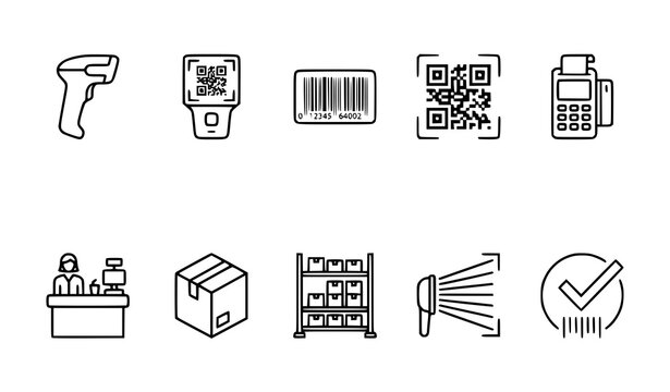 Barcode QR Identification and Digital Scanner Line Icons