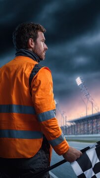 A race official stands in an orange vest, hand raised with a checkered flag, overlooking a dark sky