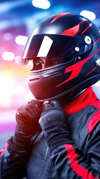 A racer in a sleek helmet and suit prepares confidently for an intense race under vibrant lights