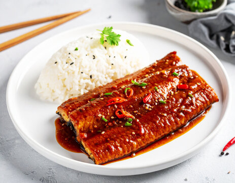Braised eel in hot chili pepper sauce with rice, white plate. AI