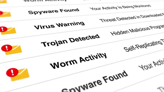 Digital interface showing various computer security virus warning messages and malicious software alerts