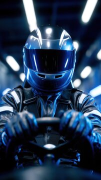 A racecar driver in a helmet grips the steering wheel, surrounded by vibrant blue lights