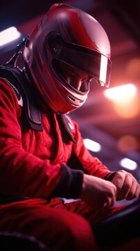 A race car driver in a red suit and helmet prepares intently in a dimly lit space