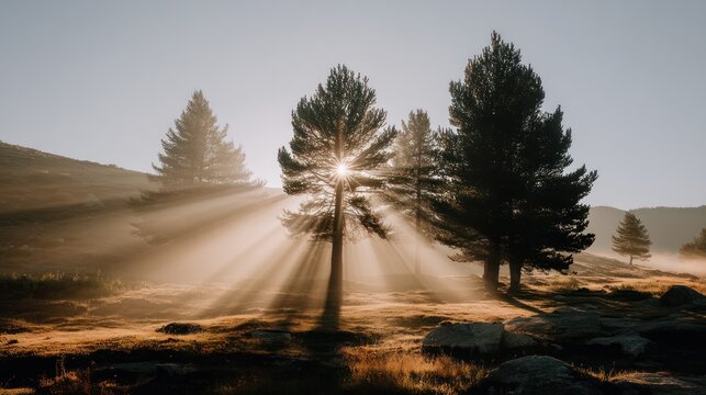 Trees silhouetted against sun's rays, creating a mystical atmosphere in a golden, foggy scene