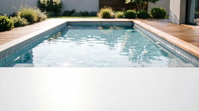Modern Backyard Swimming Pool With Wooden Deck And Garden Greenery For Real Estate Marketing