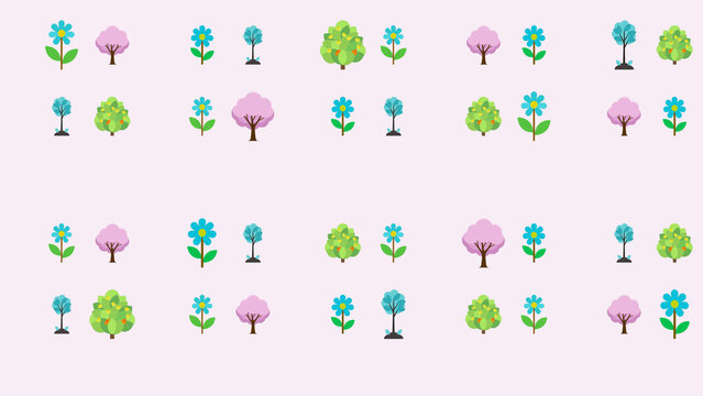 Pattern of stylized trees and flowers